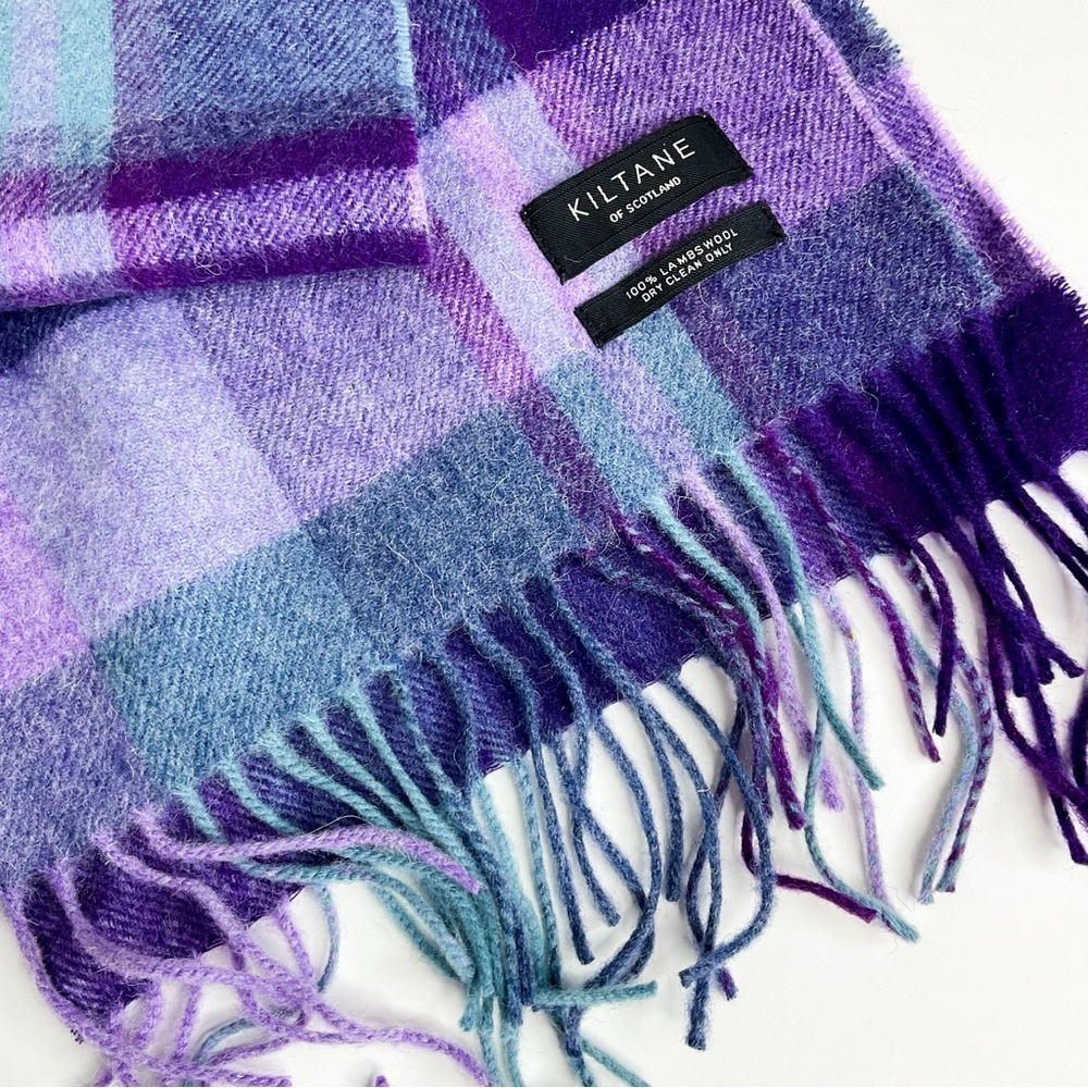 KILTANE of Scotland Purple Blue Plaid Wool Scarf | Fringe Detail - Picture 3 of 6